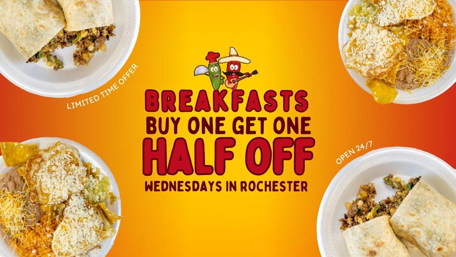 Buy one get one half off breakfasts wednesdays in rochester at Gilbertos